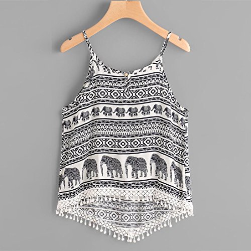 Kollmert Women Vintage Elephant Print Tassel Hem Blouse Tops Tank Cami T Shirt Vest (M, Black) - Thumbnail 2