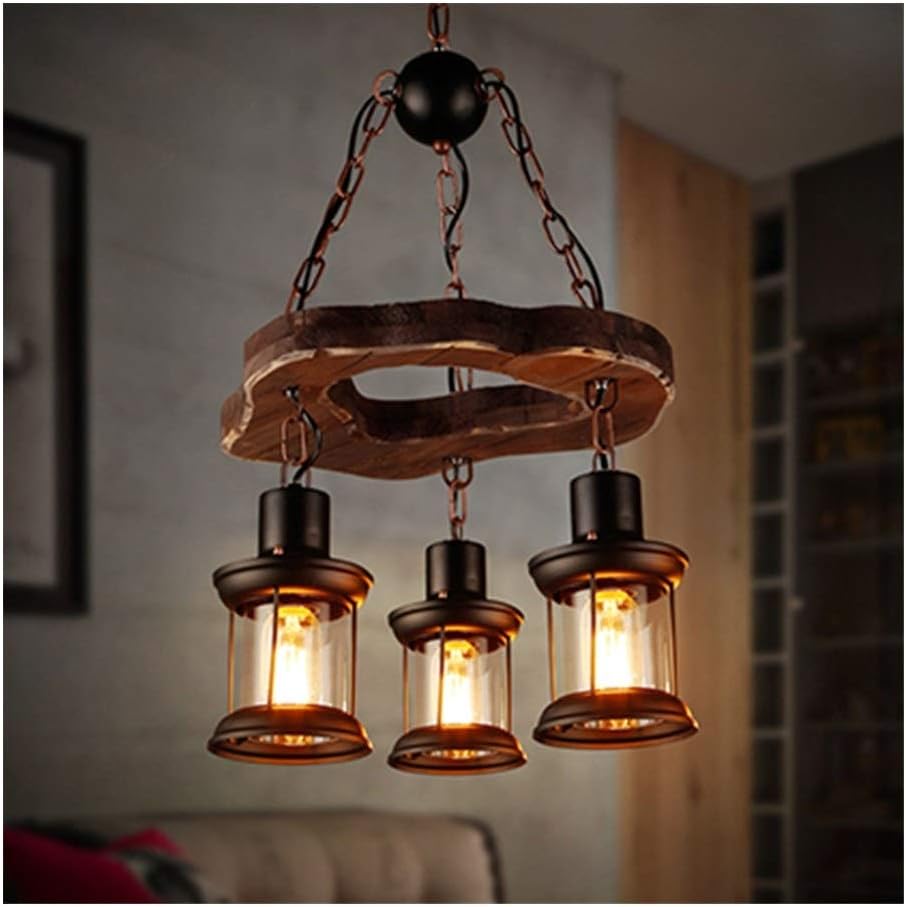 Deckenpendelleuchte Vintage Loft Land Holz Leuchter-Licht-Glas-Laterne
