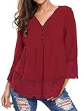 Happy Sailed Women Flare Sleeve Lace Splice Loose Trim Casual Blouse T-Shirt Tops, Large Red