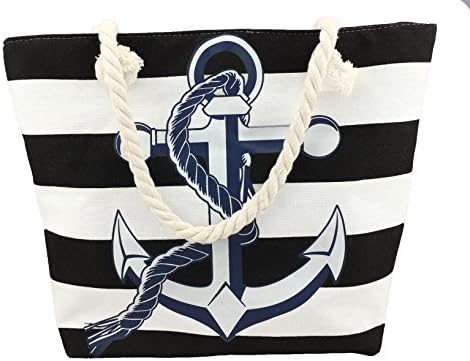 Large Striped Cotton Canvas Beach / Tote Bag, Multiple colors (Anchor Black)