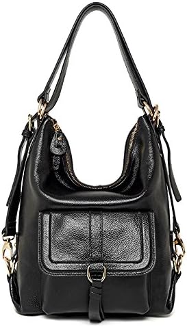 SEALINF Womens Top Handle Leather Shoulder Bag Convertible Backpack with Front Flap (black)