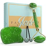 Certified Jade Roller for Face and Gua Sha - Real 100% Authentic Xiuyan Jade Stones - Anti Aging Massage that Reduce Puffiness, Wrinkles, and Dark Circles - Extra Double Pocket Pouch