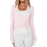 Womens Y2k Long Sleeve Ballet Wrap Top Self Tie Coquette Workout Yoga Shirt Tops