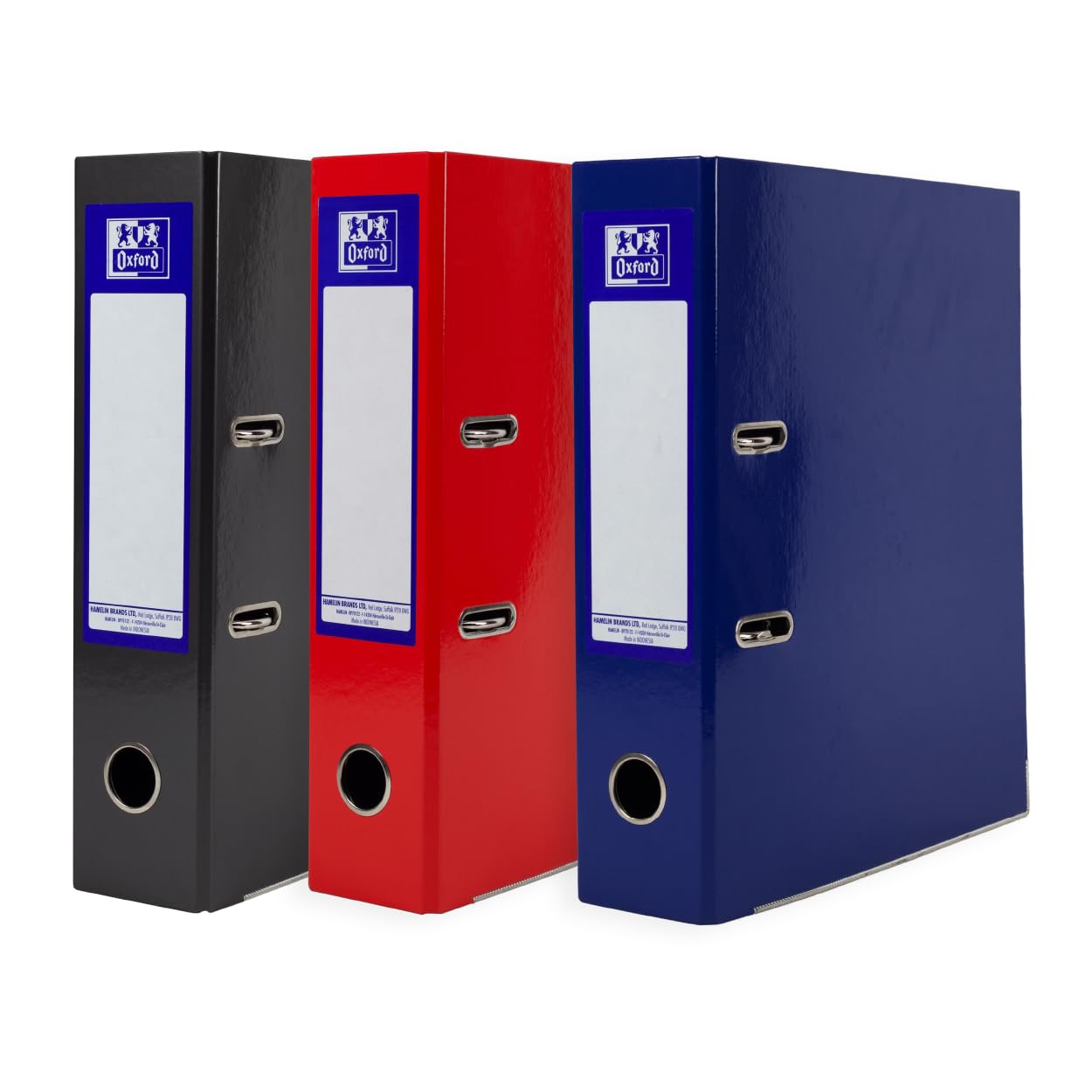 Oxford A4 Lever Arch Files, 3 Pack of Glossy Filing Folders, Durable Laminated Paper-on-Board, Red, Black & Blue