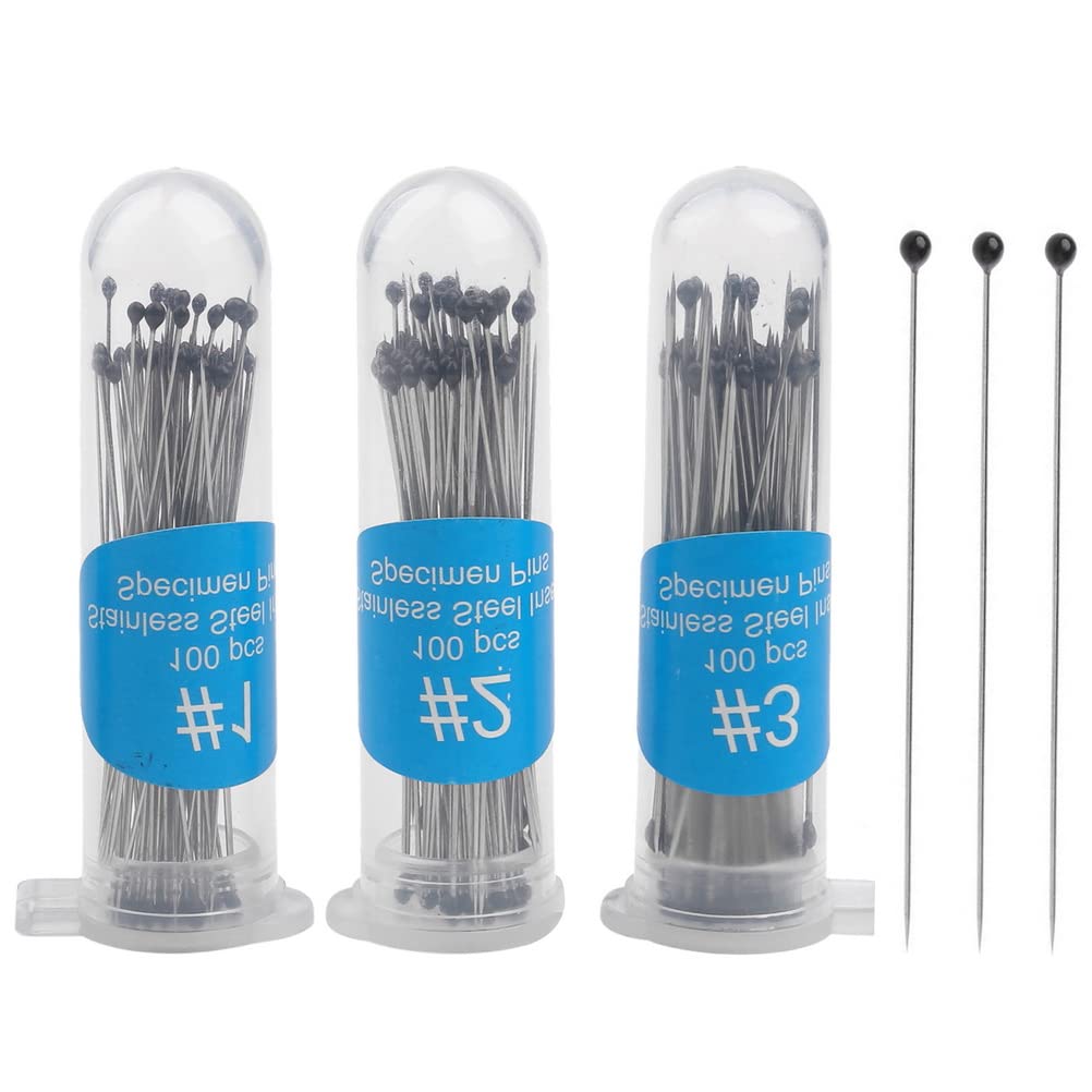 300Pcs Specimen Pins, Stainless Steel Insect Pins for Lab Entomology Dissection and Butterfly Collections（Sizes 1 2 3,Each Size 100 Pcs）