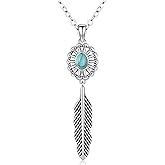 Twoowl Turquoise Feather Necklace 925 Sterling Silver Feather Pendant Native American Jewelry Vintage Gift for Women Birthday