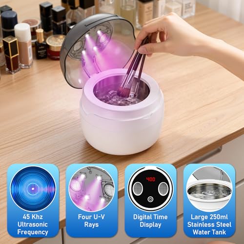 Ultrasonic Dental Cleaner | 45 kHz with 4 Programs and Digital Timer Display | 360° Silent Cleaning for Makeup Brushes, Glasses, Watches and Dentures