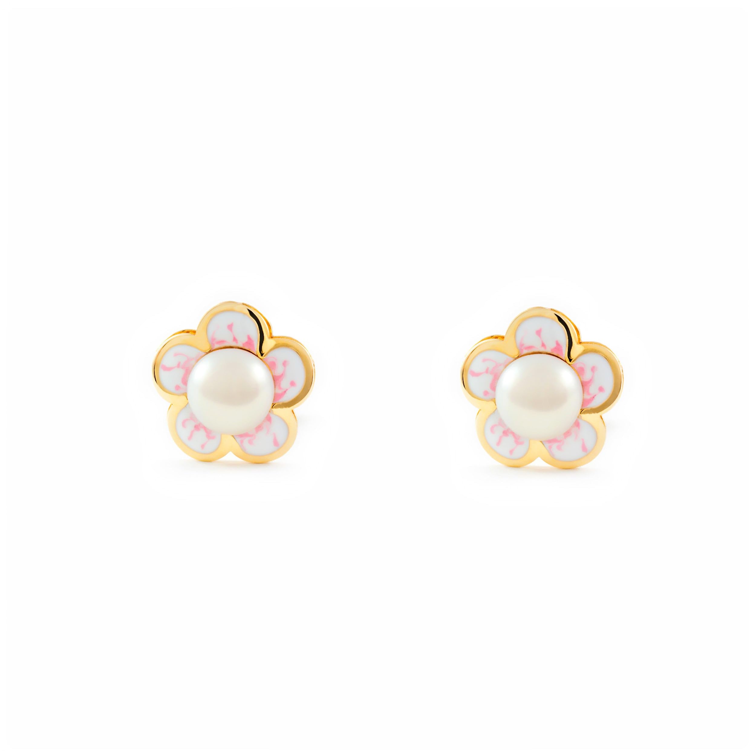 Mondepetit - 9ct Yellow Gold Pink-White Enamel Daisy Flower Pearl 5 mm Earrings shine