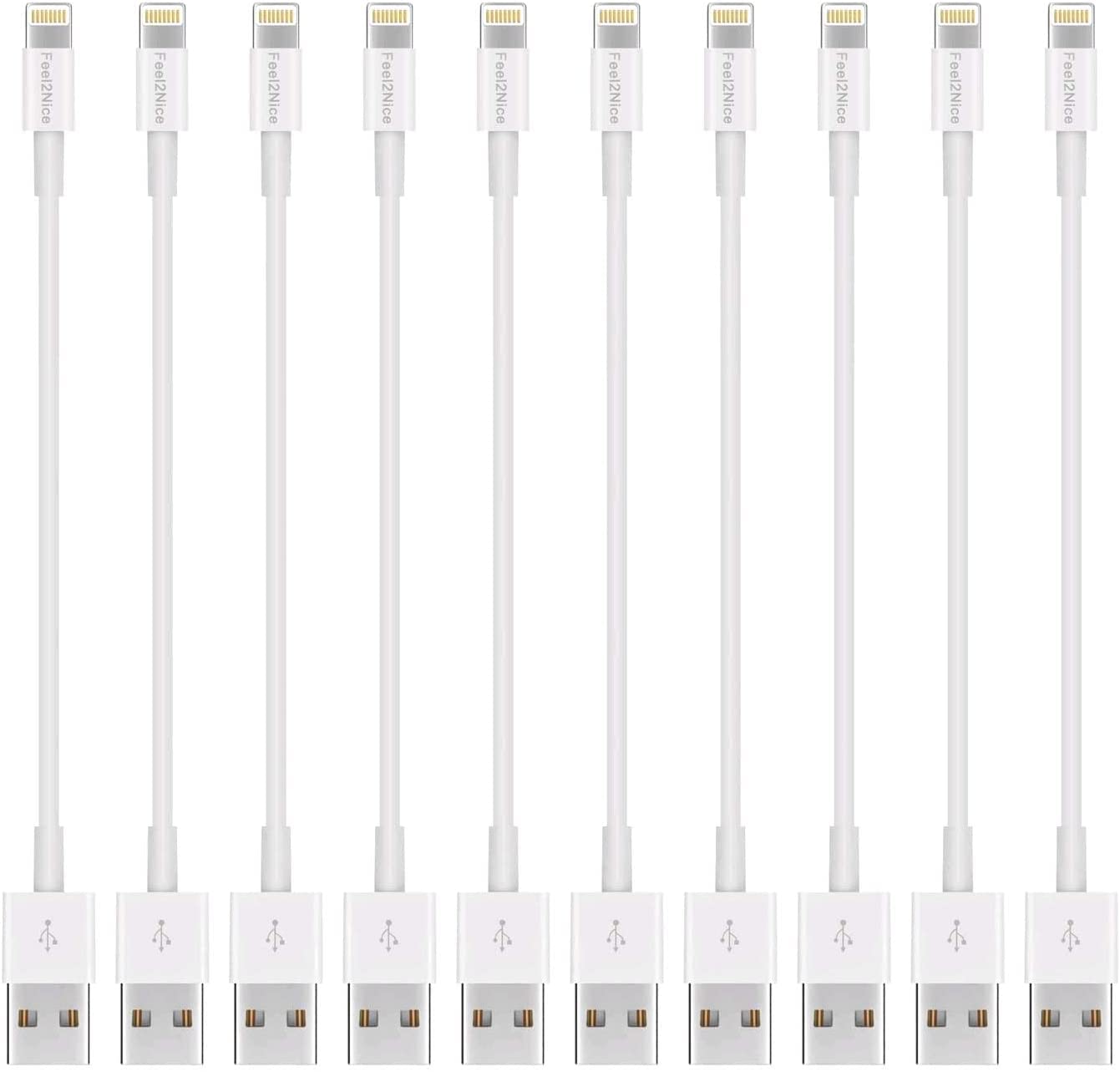 FEEL2NICE Lightning Cable Pack 7-Inch USB Portable Fast Charger for iPhone/iPad/iPod (White, 10 Pack)