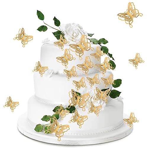 SYKYCTCY 40 Pack Lively 3D Butterfly Cupcake Toppers Mixed Sizes Hollow Butterfly Cupcake Topper Wedding Anniversary Baby Shower Kids Birthday Party Cake Decorations Supplies Gold