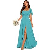 Short Sleeves Chiffon Bridesmaid Dress with Pocket Pleated Aline Formal Evening Dresses with Slit ZU012