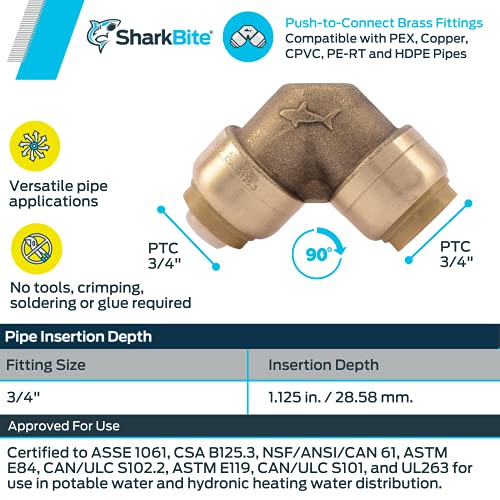 SharkBite 3/4 Inch 90 Degree Elbow, Push to Connect Brass Fitting, PEX