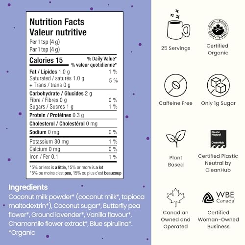 Blume Blue Lavender Superfood Latte Powder – Organic Lavender Tea Powder, Blue Spirulina, Blue Butterfly Pea Flower Tea, Chamomile, Coconut Milk - Caffeine Free, Vegan, 1g Sugar - 25 Servings