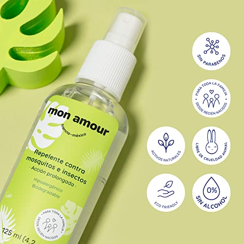 Mon Amour Set Repelente Contra Mosquitos e Insectos con Activos Naturales de de Larga Duración Para Pieles Delicadas de Bebés, Niños y Toda La Familia Desde Recién Nacidos Hipoalergénico 125 ML