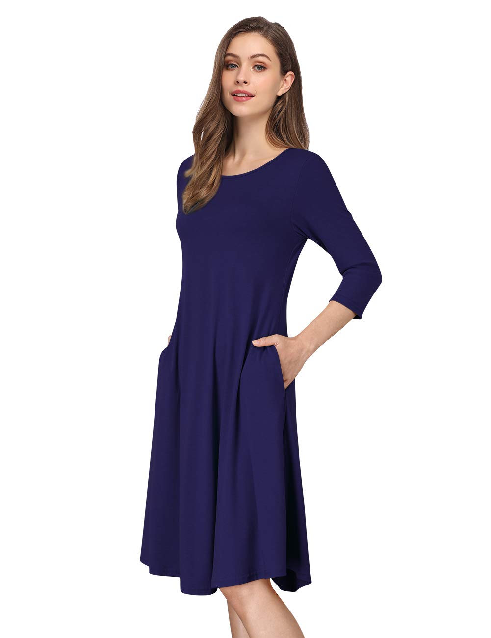 Photo 1 of MISSKY Women's Scoop Neck 3/4 Sleeve Pocket Loose Swing Midi Dress,XXL,Navy