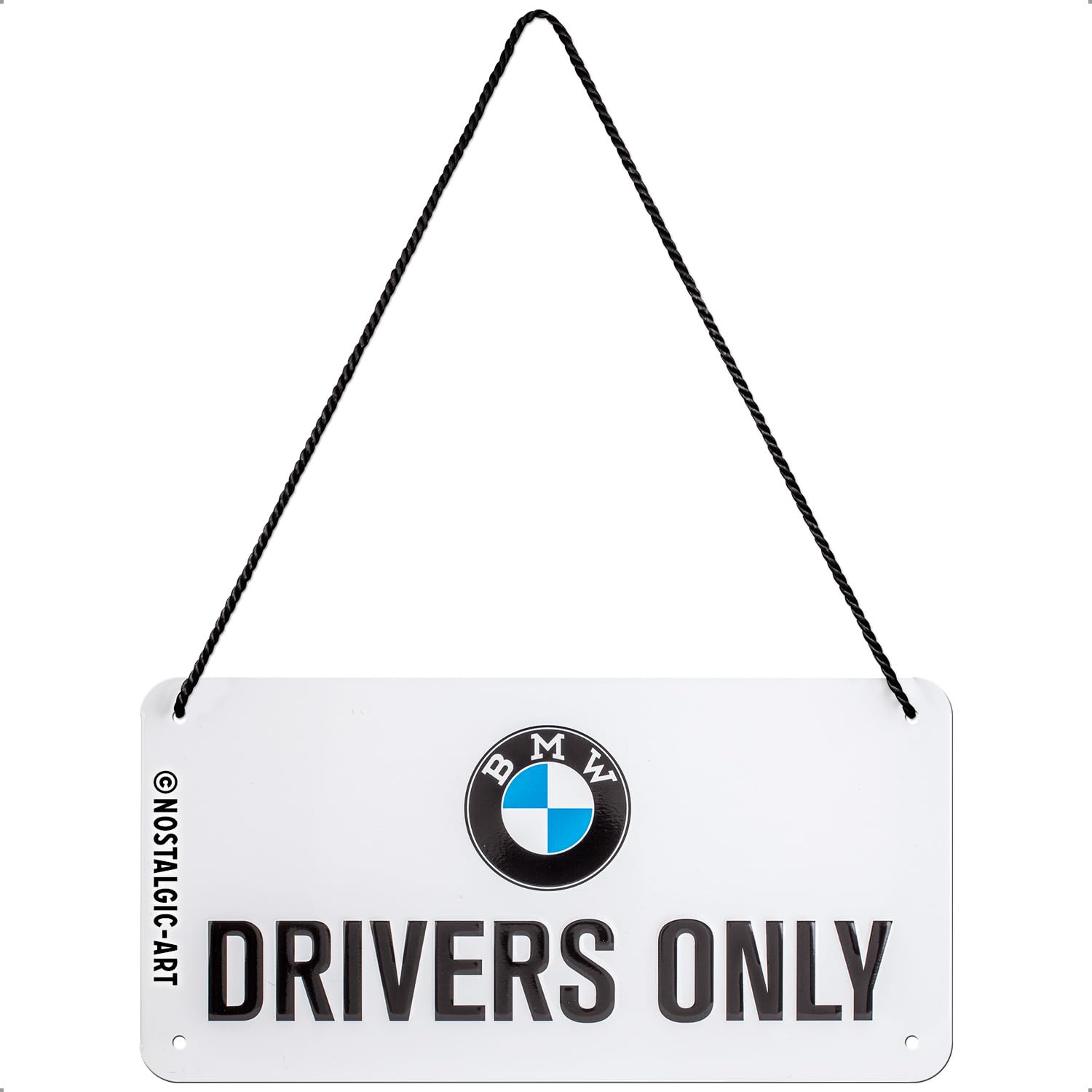 Nostalgic-Art Retro Hanging Sign BMW – Drivers Only – Gift Idea for car accessories fans, Metal Plaque, Vintage design for decoration, 10 x 20 cm