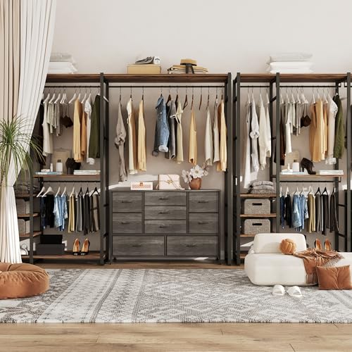 Flrrtenv Tall 9 Drawers Dresser Storage with Wood Top, TV Stand, Fabric Wide Storage Tower, Sturdy Steel Frame Storage Organizer Fit for Bedroom, Living Room, Hallway, Entryway, Closets, Black Oak