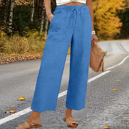 Linen Trousers Womens Drawstring Elastic Waist Wide Leg Trousers for Women UK Plus Size Loose Fit Ladies Lounge Pants with Pockets Lightweight Casual Holiday Beach Pants Sky Blue