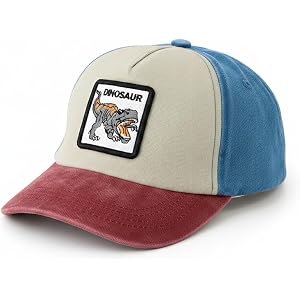 Ohokama Tyrannosaurus Dinosaur Embroidered Baseball Cap Adjustable Colorblock Kids Hat Washed Summer Hats for Boys Ages 2-8