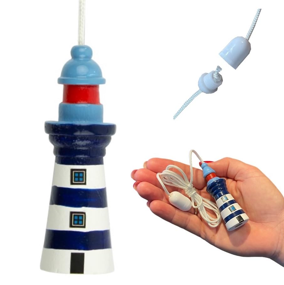 Lowgy Nautical Wooden Lighthouse Light Pull with Cord & Connector (Navy Blue & White) — image 1