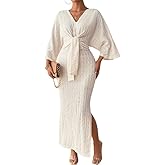 SISKIN Fall Dresses for Women 2025, Long Sleeve Maxi Split V Neck Solid Color Elegant Formal Cocktail Casual Dresses