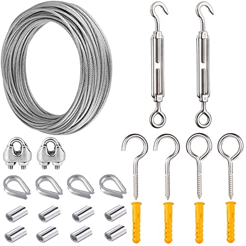 15M Garden Wire For Climbing Plants, AMLOOPH Metal Stainless Steel Garden Wire 2mm Heavy Duty Catenary Wire Rope Kit, Turnbuckle Tension Garden Wire Tensioner For Gripple Wire Trellis Fence Wire Kit