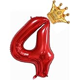40 inch Red Crown Number 4 Balloon ,Giant Large Aluminum Film Number 4 Balloon ,4th Birthday Decoration Balloons ,Children's Birthday Party Baby Shower Decoration Supplies (red 4)