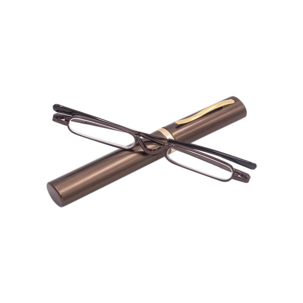 KoKoBin Mini Slim Reading Glasses Spring Hinge Metal Reading Aid Unisex with Case (Brown, +3.0)