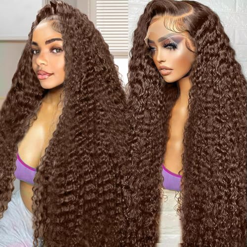 Armodeo 32 Inch Chocolate brown human hair wig 250 Density Deep Wave Lace Front Wig Wet and Wavy Lace Front Wigs Pre Plucked at Amazon