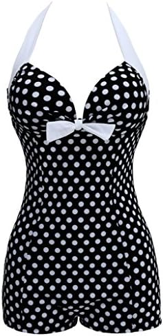 Vilania Women's 50s Elegant Retro Inspired Boy-Leg Vintage Floral Print Push Up Halter Plus Size One Piece Swimsuit Black Monokini Bikini TXZ9007-Black-XXXXL