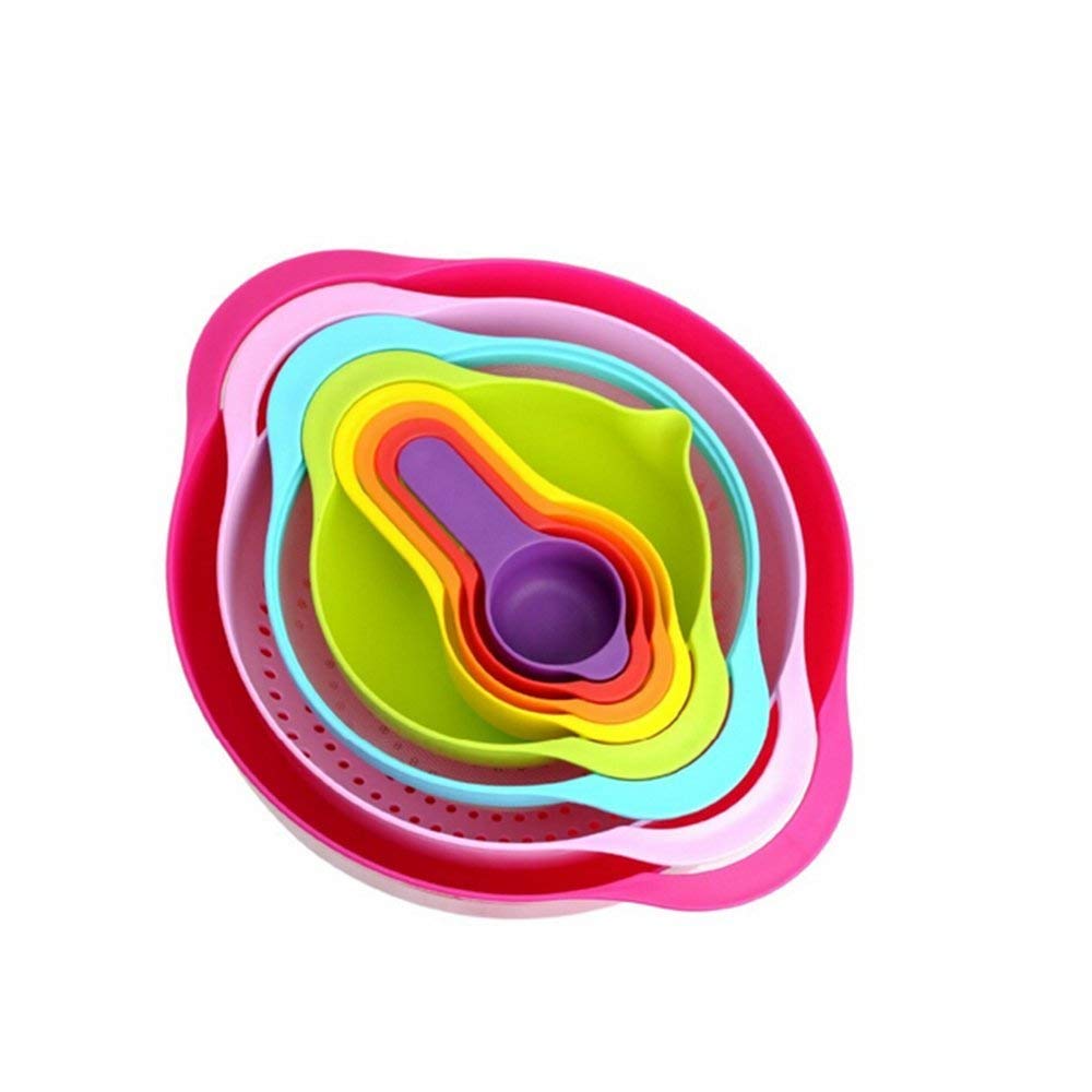 8 pc Color Compact Food Prep Nesting Mixing Bowl Set Plastic - with Non Slip Bowls, Colander, Sieve and Measuring Cups Stackable Kitchen Dishwasher Safe Salad, Cake and Bakery, Vegetable, Fruit