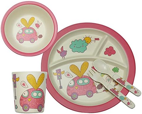 Bamboo Fiber Kids Dinner Ware 5pcs Less Melamine,Children's Day Gift,BPA Free,FDA&amp;LFGB Food Safety Approval, pink car inset.