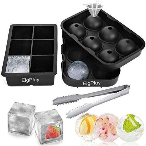 Ice Cube Trays,Silicone Sphere Ice Ball Maker with Lids & Large Square Ice Cube Molds for Whiskey and Cocktails,Big Ice Cube Tray with Funnel & Ice Tongs,Set of 2 (Black) - Thumbnail 7