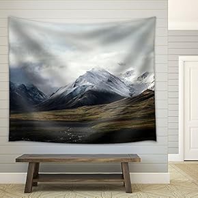 Snow Covered Mountains Under Cloudy Sky - Fabric Wall Tapestry Home Decor - 51x60 inches