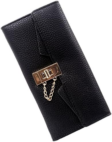 Women's Long Litchi Grain Leather Lock the Chain Card Holder Purse Zipper Hand Bag Wallet (Black)