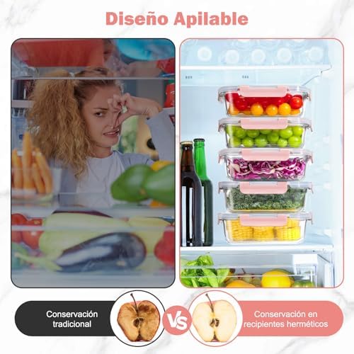 10 Piezas Recipientes de Vidrio con Tapas Herméticas, Reutilizables, Apto para Microondas, Horno, Congelador y Lavavajillas, Sin BPA, Fiambrera Cristal, Rosa