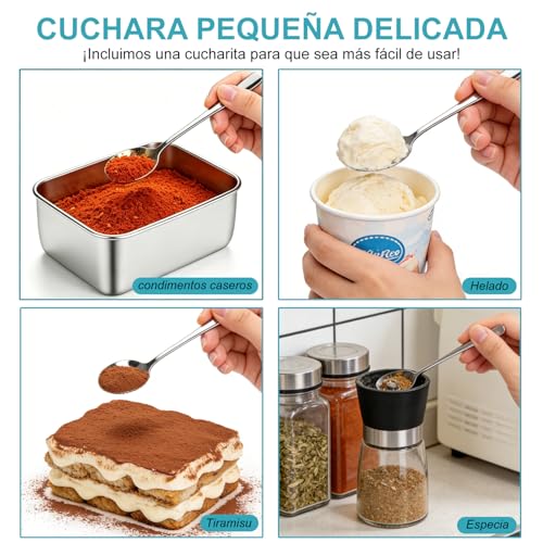 6 recipientes de acero inoxidable para conservar alimentos con tapa hermética, 450 ml, ideales para preparar comidas y guardar salsas; aptos para el refrigerador y el microondas(incluye 6 cucharas)