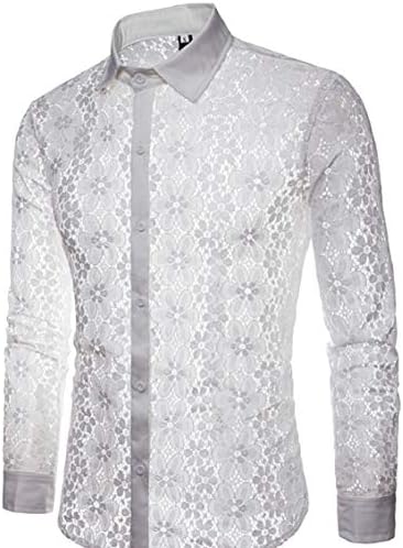 Keaac Men Long Sleeve Sexy Fishnet Club See Through Lace Shirt