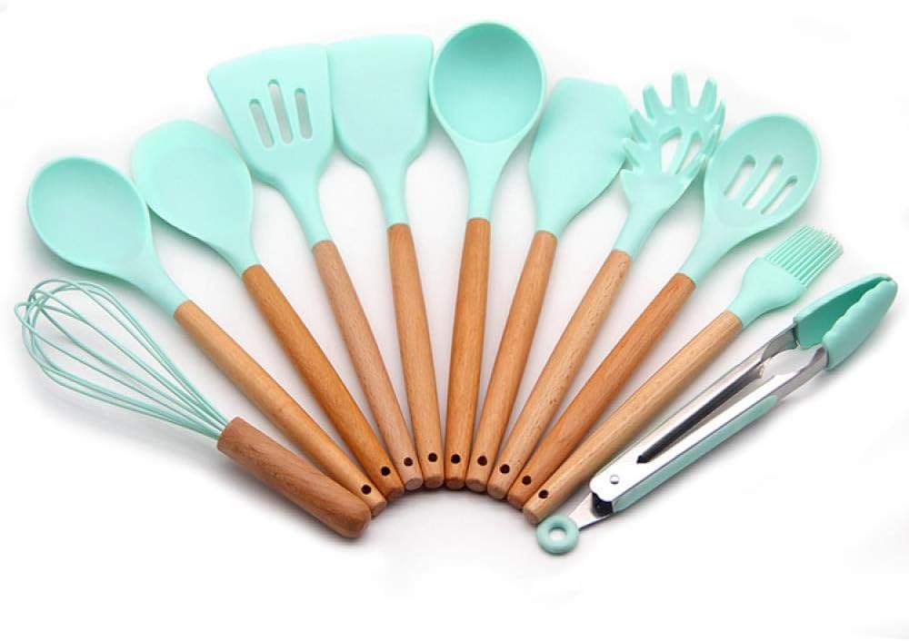 11pcs Kitchen Utensil Set Silicone Cooking Utensil Nonstick Cookware Kit with Heatproof Wooden Handle Kitchenware, Kitchenware