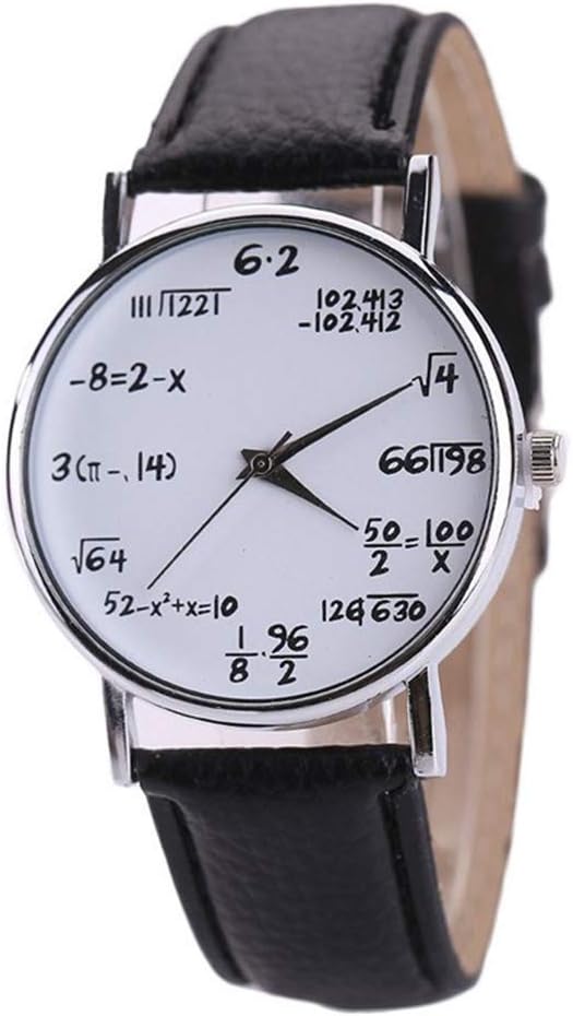 Math Clock Students Watch Student Boys Girls Watch with Math Equations Dial Plate Leather Strap Watch (Black)