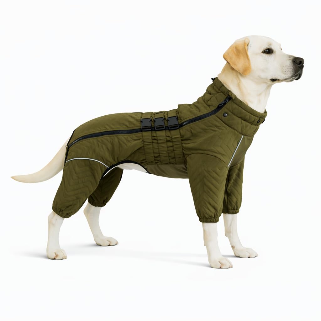 Warm Dog Coat Double Layers Dog Vest, 4 Legs Covered Windproof Waterproof Reflective Warm Dog Vest Outdoor Skating Dog Costume for Small Medium Large Dogs Olive 3XL
