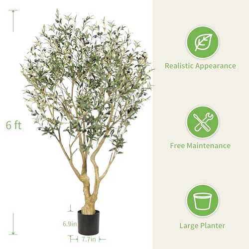 REALEAD 6 pies Arbol de Olivo Artificial con Ramas Ajustables y Frutos | 180 cm Olivos Artificiales de Interior - Arboles Artificiales Decorativas Hogar para Decorar el Oficina Salón y Entrada