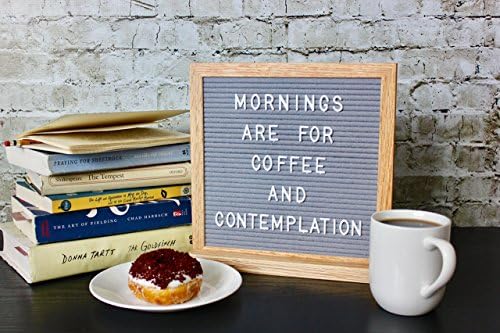 Heartfelt Crafts Gray Felt Changeable Letter Board 10x10 inches. Oak Frame, 362 White Plastic Letters and Emojis, Cotton Drawstring Bag, Oak Wood Stand