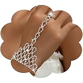 JWICOS Rhinestone Bracelet with Slave Finger Ring Hand Chain Bracelet Ring Rhinestone Tassel Hand Chain for Women and Bride (Style 12)