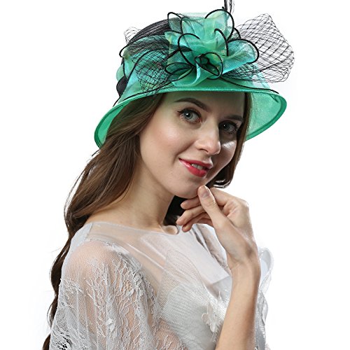 Janey&Rubbins Women Kentucky Derby Church Wedding Fascinators Cloche Bucket Bowler Hat (Green/Black)