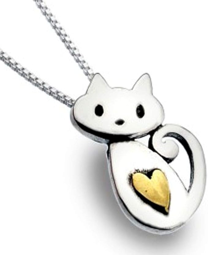 Sterling Silver Jewellery Cute Cat with Gold Heart Pendant (14mm