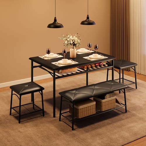 Photo 1 of GAOMON Dining Table with Benches, Kitchen Table Set for 4, Dining Room Table Set with Upholstered Bench and Square Stools, Metal and Wood Dining Table Set for 4 with Storage for Small Space-Black
