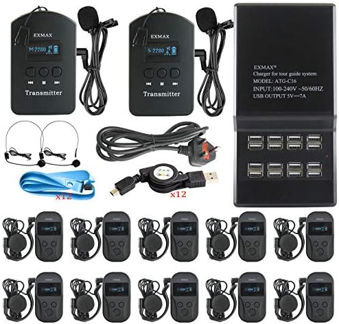 EXMAX EXD-101 2.4G Wireless Tour Guide System Audio Monitoring Equipment with 9999 Channels ID for Simultaneous Interpretation Conference(2 Transmitters 10 Receivers & 16-port Charger Station)