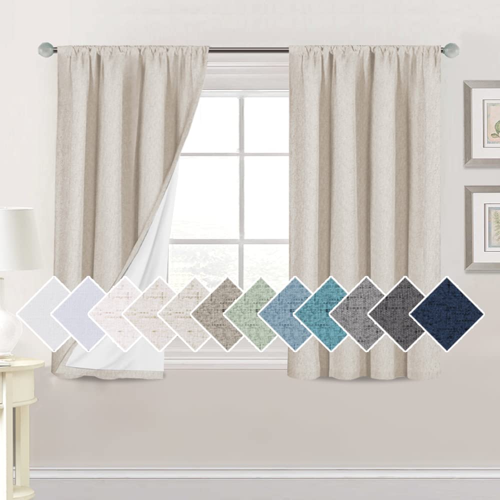 Photo 1 of H.VERSAILTEX Linen Look 100% Blackout Curtains 45 Inches Long for Bedroom Full Light Blocking Rod Pocket 42 Inches Wide Linen Textured Thick Window Curtain Drapes with White Backing, Natural, 2 Panels