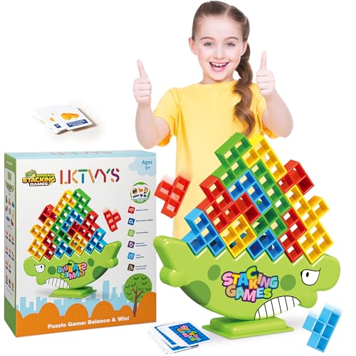 Lktvys Balance Tower Game, 64 PCS Dinosaur Stacking Game with Challenge Cards, Kids Board Game for Ages 3-8, Family Balance Toy for Boys Girls, Great for Building Patience, Focus and Fine Motor Skills
